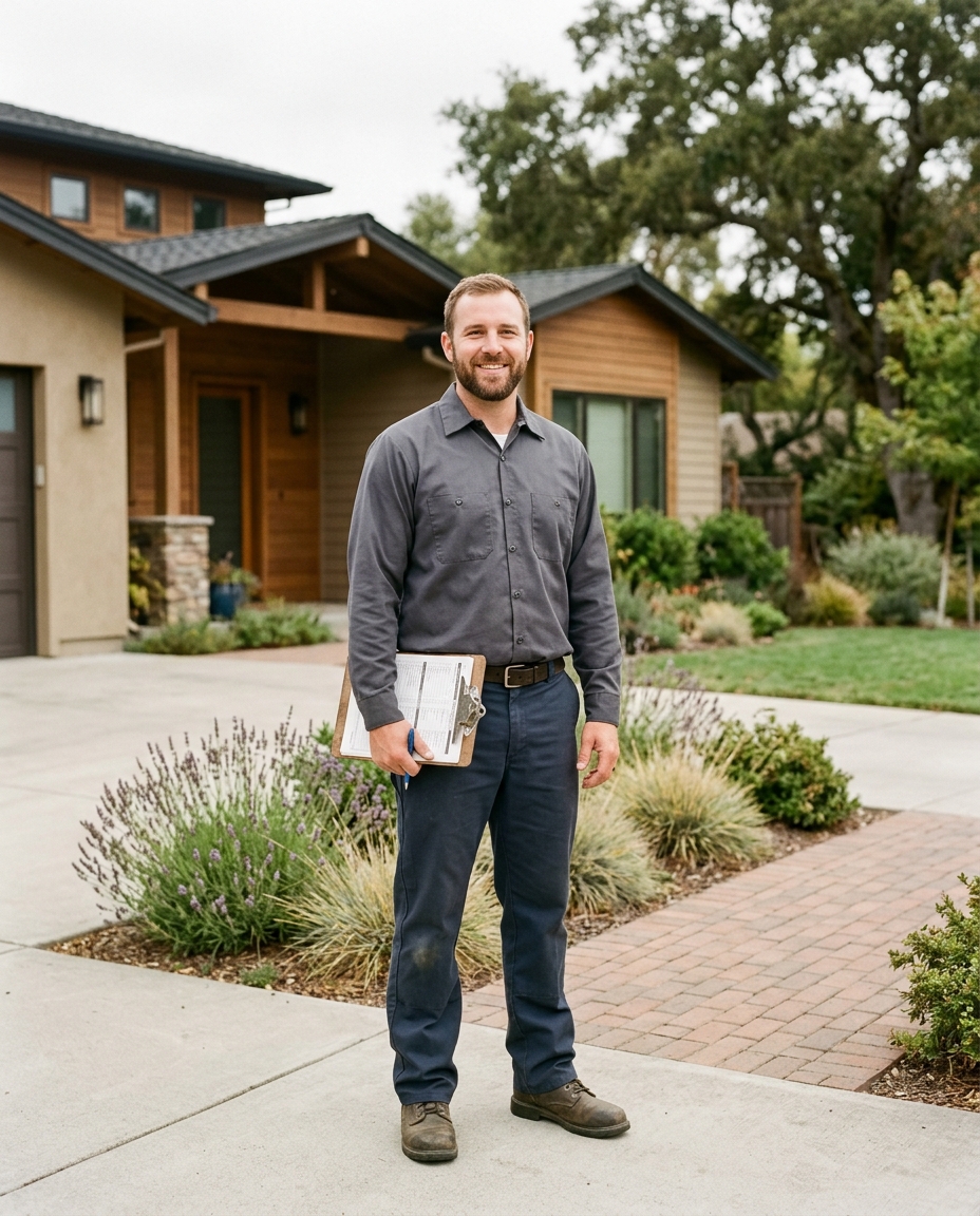 Greg, owner of Rogers Services, standing in front of a North Bay home with his service clipboard
