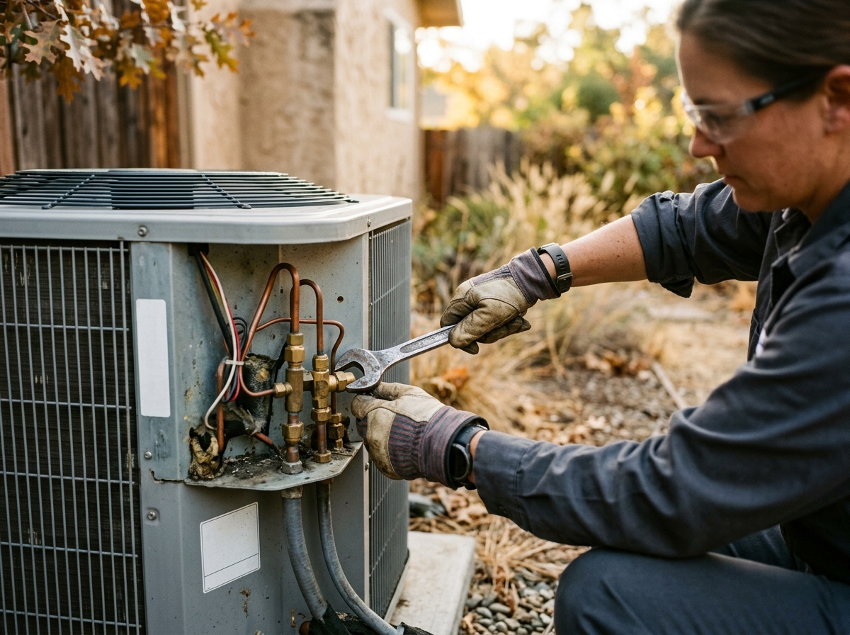 Rogers Services technician servicing a residential heat pump condenser at a North Bay home